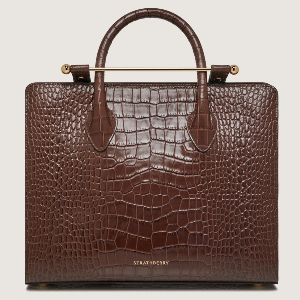 Strathberry Croc-Embossed Leather Midi Tote in Chocolate